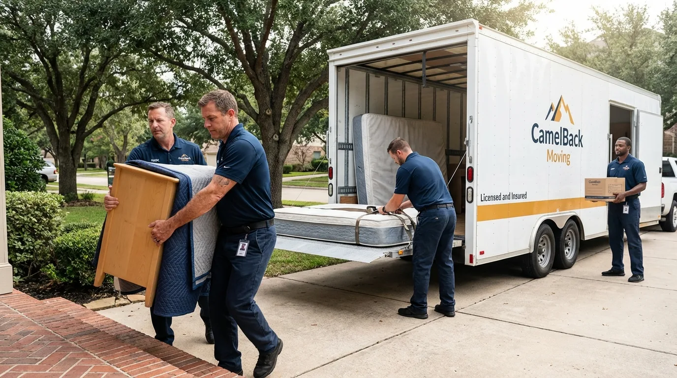 Crew loading residential truck for cross-state move from Lawrenceville, IL