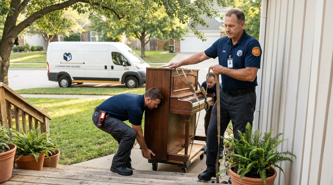 Licensed piano movers securing grand piano in Lawrenceville, IL