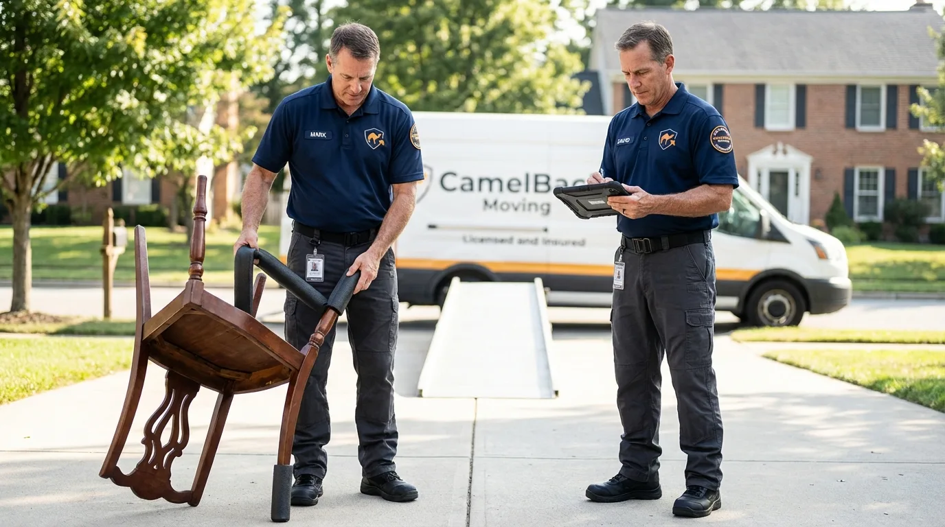 Movers inspecting furniture for damage prevention before loading in Lawrenceville, IL