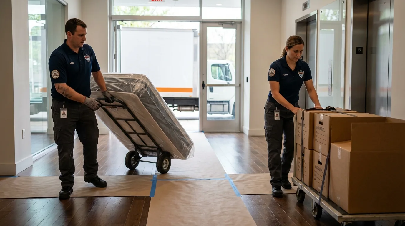 Professional apartment movers loading elevator in Lawrenceville, IL